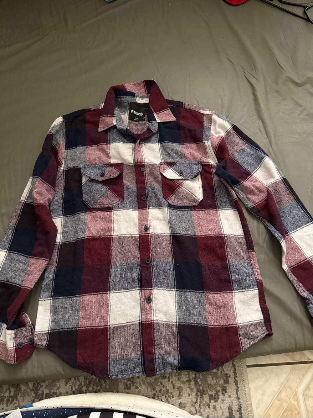 Men's Plaid Button-Up Shirt - Burgundy, Navy & White